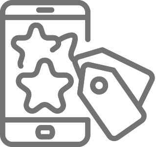 A clip art of a phone screen display with stars and tags